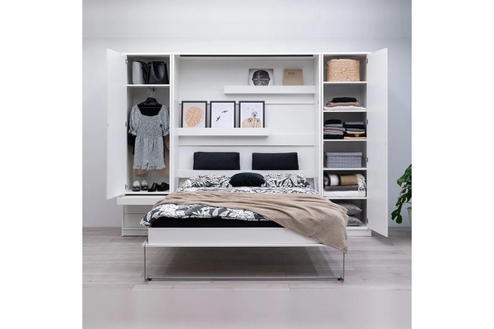 Armoire lit escamotable relevable vertical 140x200 cm blanc brillant DELUXE