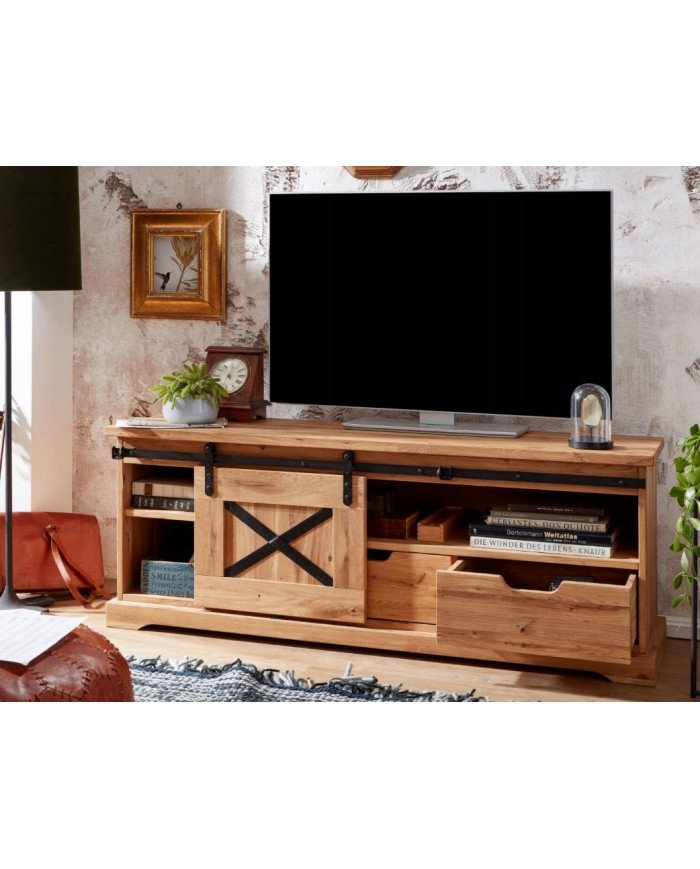 Meuble TV STRONGWOOD I 150 cm – STYLE INDUSTRIEL HAUT DE GAMME • 100 % CHENE MASSIF • MEUBLE LIVRÉ MONTÉ