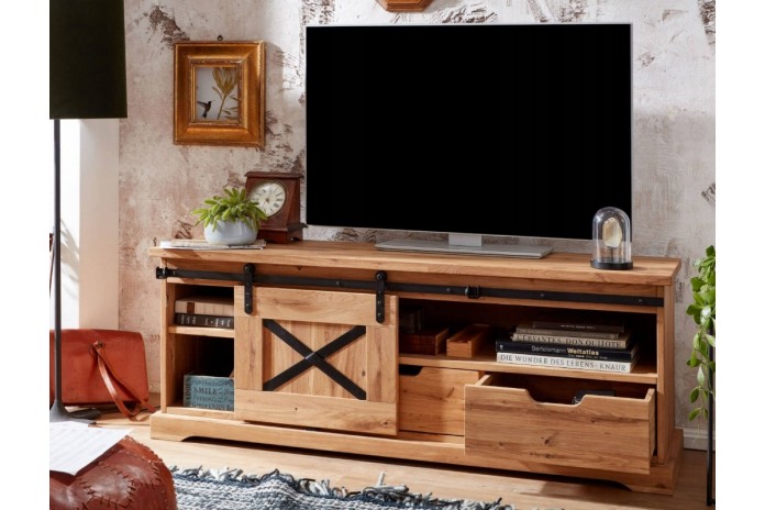 Meuble TV STRONGWOOD I 150 cm – STYLE INDUSTRIEL HAUT DE GAMME • 100 % CHENE MASSIF • MEUBLE LIVRÉ MONTÉ