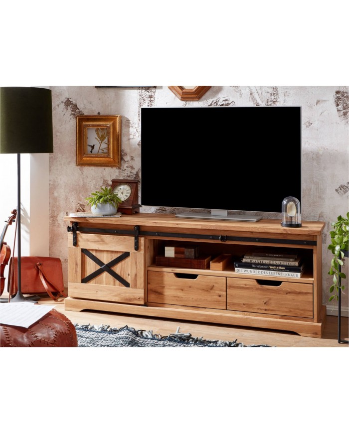 Meuble TV STRONGWOOD I 150 cm – STYLE INDUSTRIEL HAUT DE GAMME • 100 % CHENE MASSIF • MEUBLE LIVRÉ MONTÉ