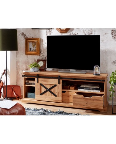 Meuble TV STRONGWOOD I 150 cm – STYLE INDUSTRIEL HAUT DE GAMME • 100 % CHENE MASSIF • MEUBLE LIVRÉ MONTÉ