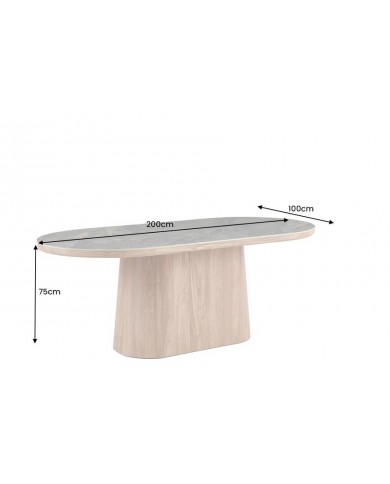 Table à manger design Marbella 200 cm – Plateau céramique effet marbre gris, pied bois noyer, forme ovale