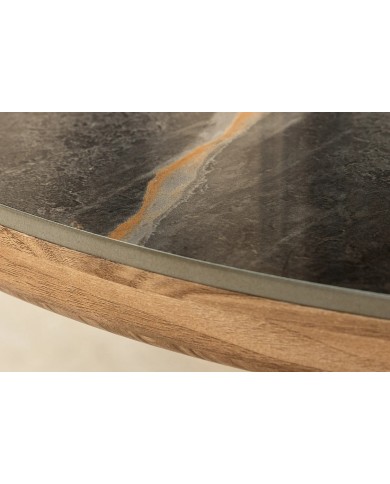 Table à manger design Marbella 200 cm – Plateau céramique effet marbre gris, pied bois noyer, forme ovale