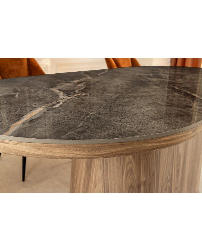 Table à manger design Marbella 200 cm – Plateau céramique effet marbre gris, pied bois noyer, forme ovale