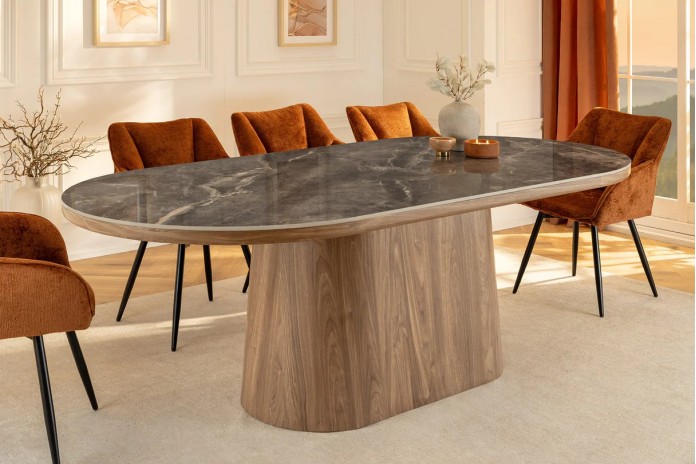 Table à manger design Marbella 200 cm – Plateau céramique effet marbre gris, pied bois noyer, forme ovale