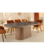 Table à manger design Marbella 200 cm – Plateau céramique effet marbre gris, pied bois noyer, forme ovale