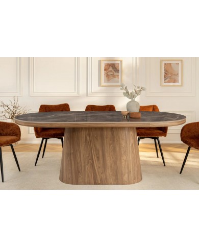 Table à manger design Marbella 200 cm – Plateau céramique effet marbre gris, pied bois noyer, forme ovale
