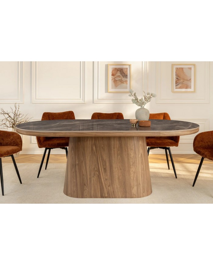 Table à manger design Marbella 200 cm – Plateau céramique effet marbre gris, pied bois noyer, forme ovale