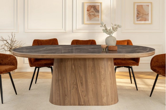Table à manger design Marbella 200 cm – Plateau céramique effet marbre gris, pied bois noyer, forme ovale