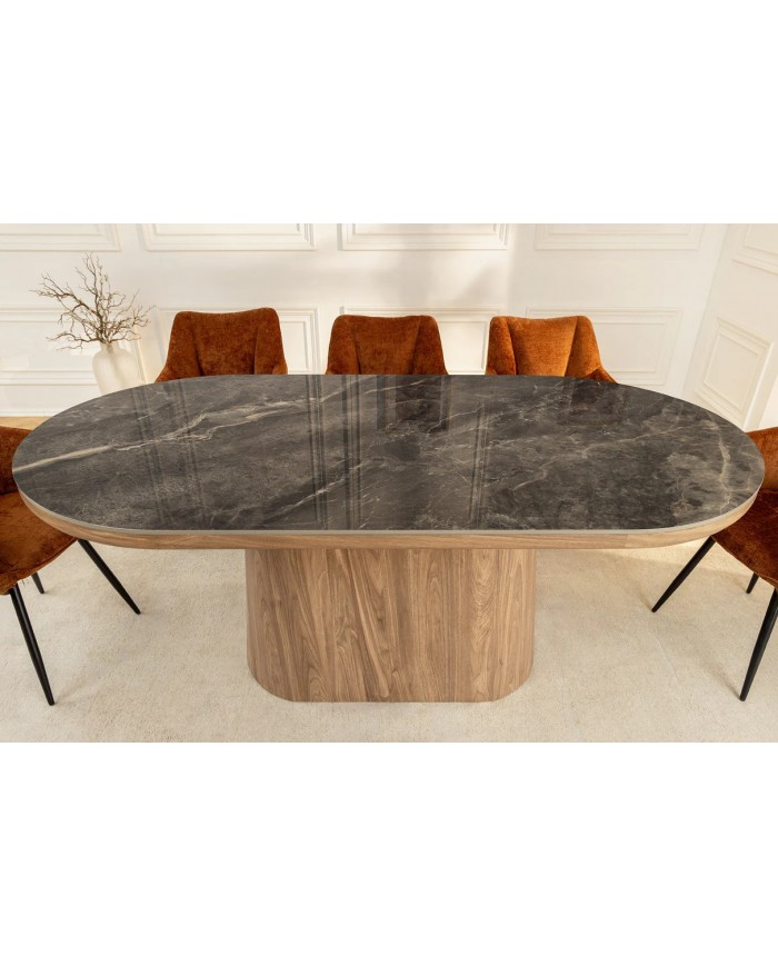 Table à manger design Marbella 200 cm – Plateau céramique effet marbre gris, pied bois noyer, forme ovale