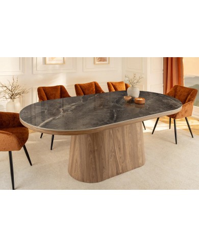 Table à manger design Marbella 200 cm – Plateau céramique effet marbre gris, pied bois noyer, forme ovale