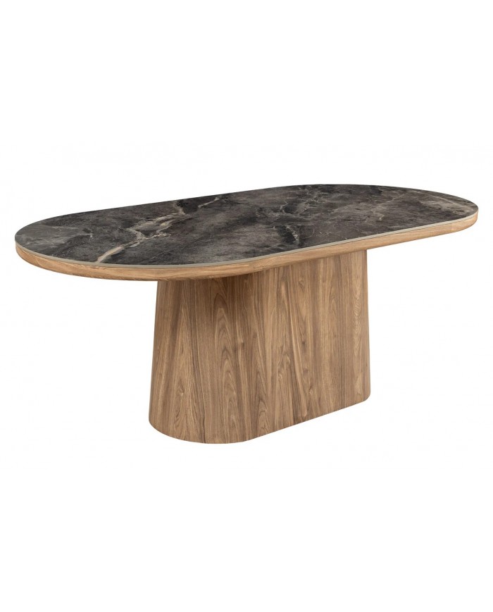 Table à manger design Marbella 200 cm – Plateau céramique effet marbre gris, pied bois noyer, forme ovale