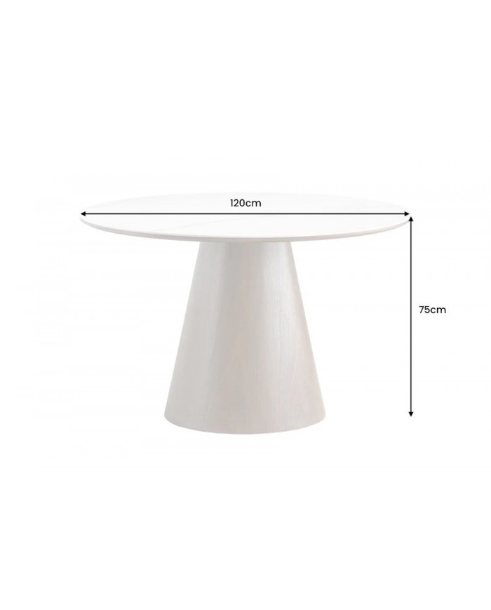 Table à manger ronde 120 cm MARBELLA – Bois de noyer & plateau céramique effet marbre blanc