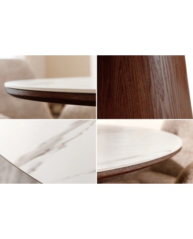 Table à manger ronde 120 cm MARBELLA – Bois de noyer & plateau céramique effet marbre blanc