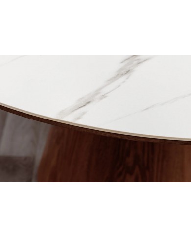 Table à manger ronde 120 cm MARBELLA – Bois de noyer & plateau céramique effet marbre blanc