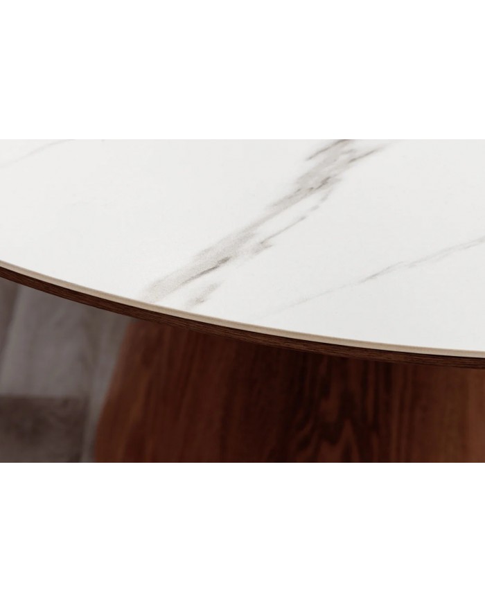 Table à manger ronde 120 cm MARBELLA – Bois de noyer & plateau céramique effet marbre blanc