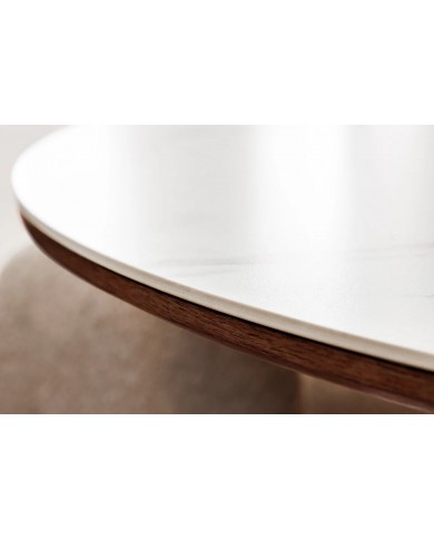 Table à manger ronde 120 cm MARBELLA – Bois de noyer & plateau céramique effet marbre blanc