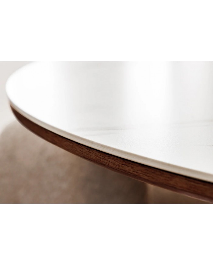 Table à manger ronde 120 cm MARBELLA – Bois de noyer & plateau céramique effet marbre blanc