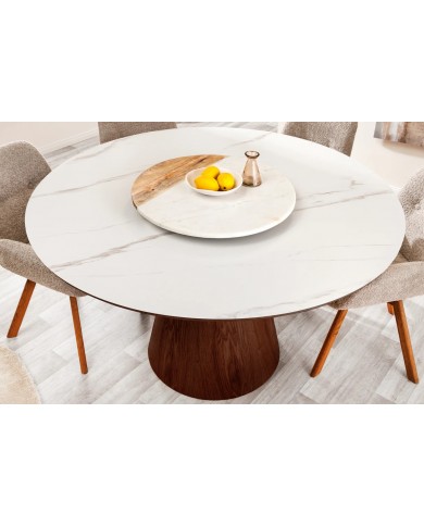 Table à manger ronde 120 cm MARBELLA – Bois de noyer & plateau céramique effet marbre blanc