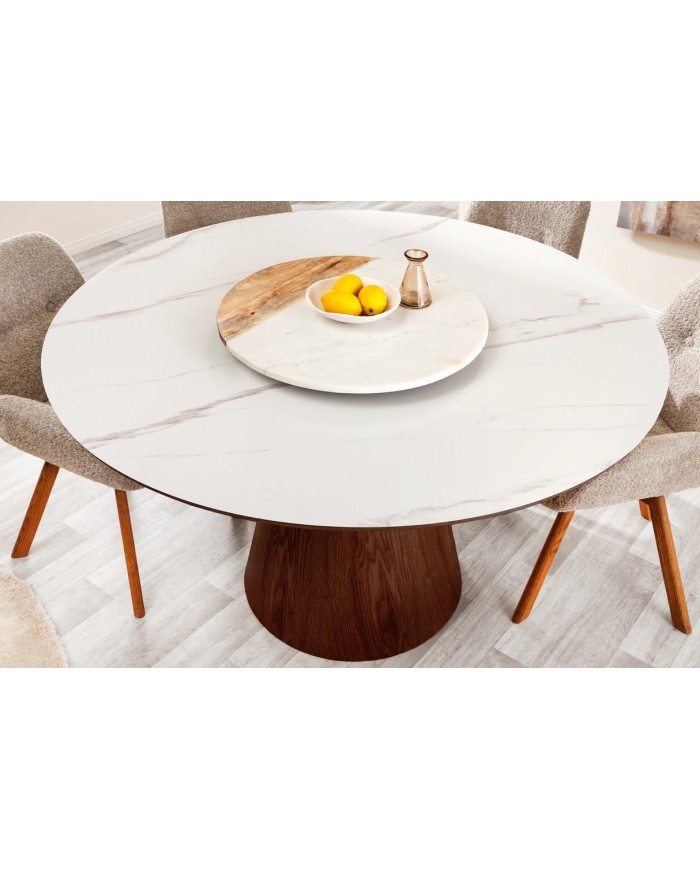 Table à manger ronde 120 cm MARBELLA – Bois de noyer & plateau céramique effet marbre blanc