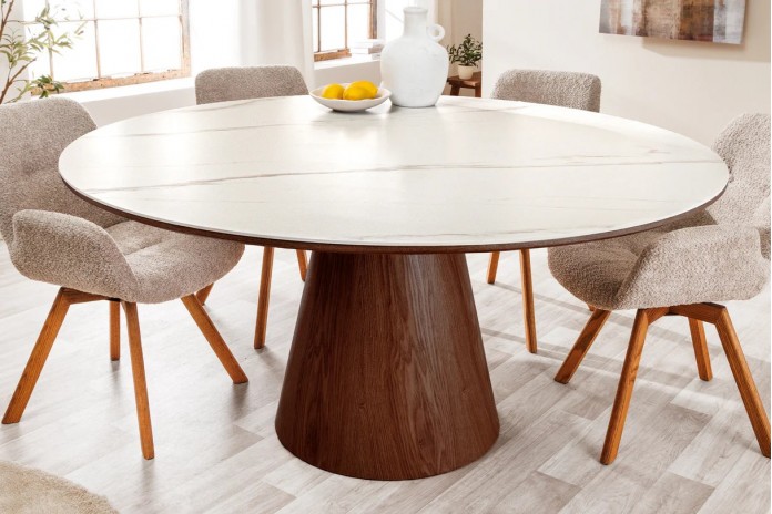 Table à manger ronde 120 cm MARBELLA – Bois de noyer & plateau céramique effet marbre blanc