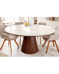 Table à manger ronde 120 cm MARBELLA – Bois de noyer & plateau céramique effet marbre blanc
