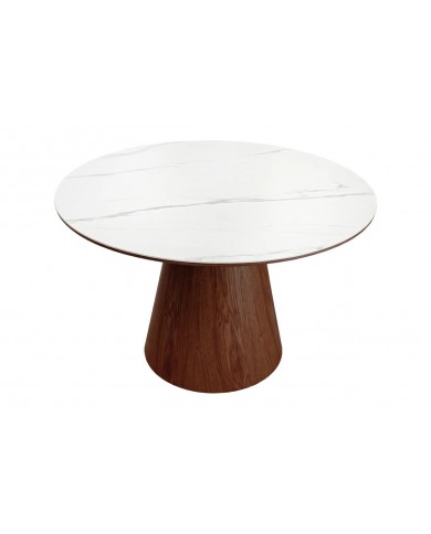 Table à manger ronde 120 cm MARBELLA – Bois de noyer & plateau céramique effet marbre blanc