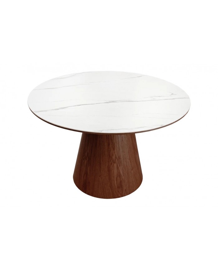 Table à manger ronde 120 cm MARBELLA – Bois de noyer & plateau céramique effet marbre blanc