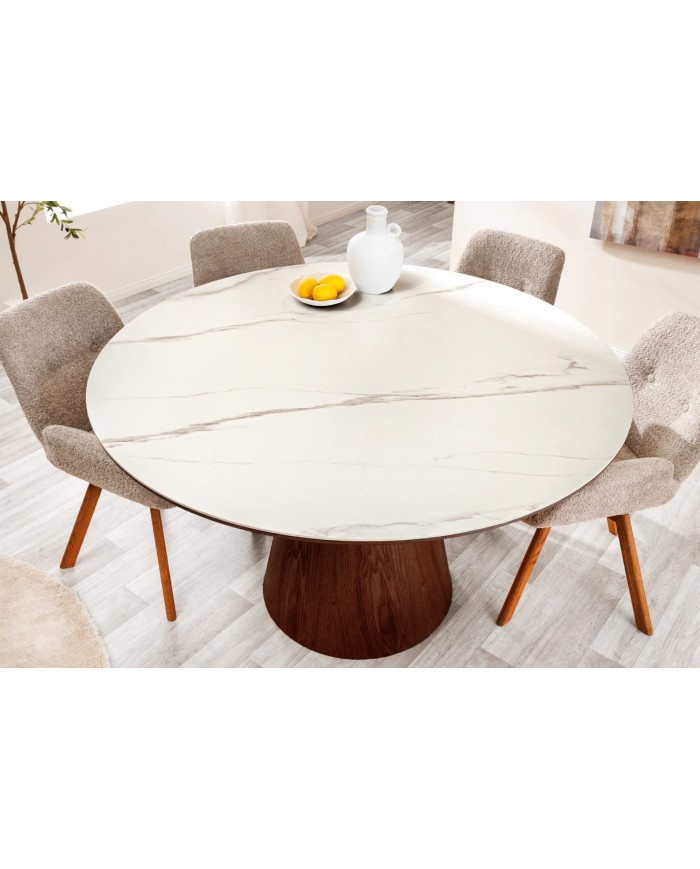 Table à manger ronde 120 cm MARBELLA – Bois de noyer & plateau céramique effet marbre blanc