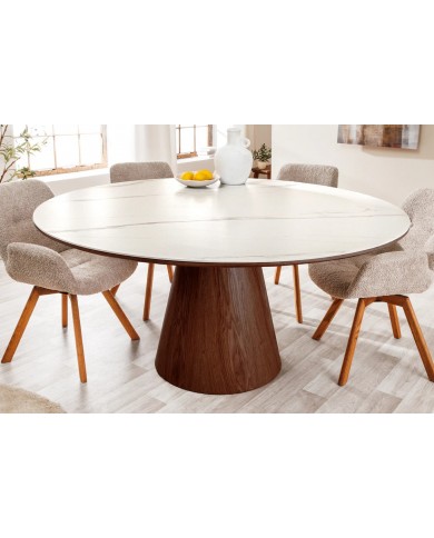 Table à manger ronde 120 cm MARBELLA – Bois de noyer & plateau céramique effet marbre blanc