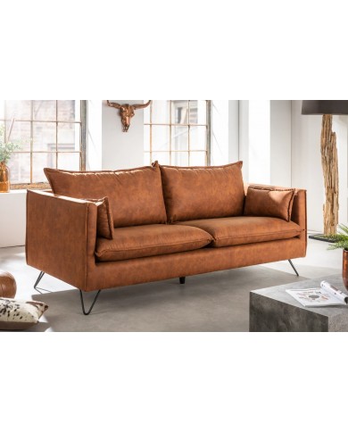 Canapé DAKOTA 195 cm – Microfibre marron antique, style rétro vintage avec pieds épingle design