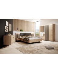 Lit AURA 160x200 chevets intégrés – Chêne Artisanal & Anthracite + LEDs + rangements intégrés + sommier coffre