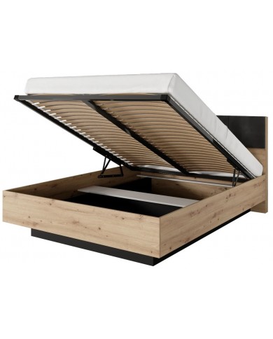 Lit AURA 160x200 chevets intégrés – Chêne Artisanal & Anthracite + LEDs + rangements intégrés + sommier coffre