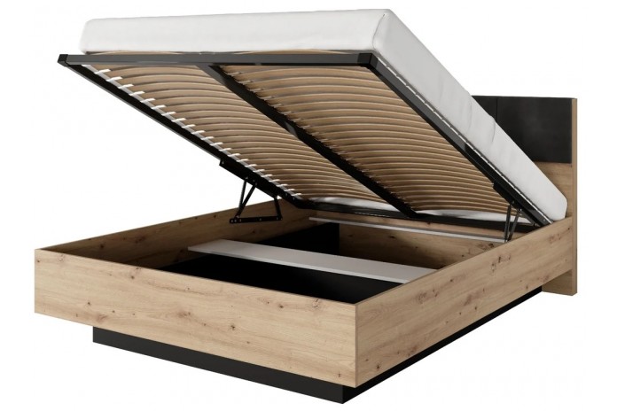 Lit AURA 160x200 chevets intégrés – Chêne Artisanal & Anthracite + LEDs + rangements intégrés + sommier coffre