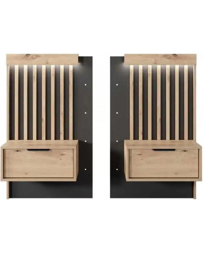 Lit AURA 160x200 chevets intégrés – Chêne Artisanal & Anthracite + LEDs + rangements intégrés + sommier coffre