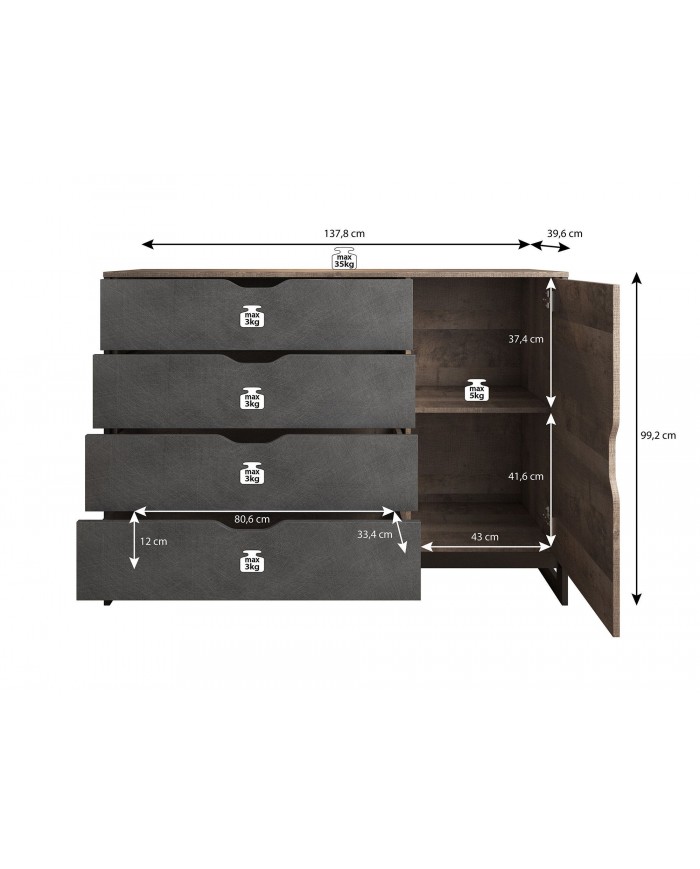 Commode avec 4 tiroirs et étagères 138 cm HAVEN