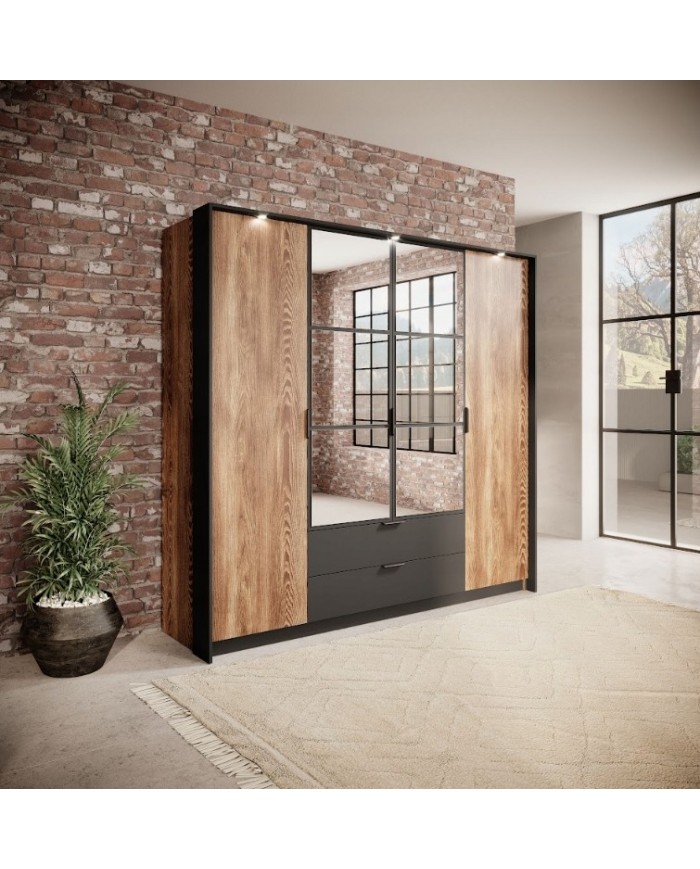 Armoire penderie étagères 4 portes et 2 tiroirs avec miroirs et LEDs 220 cm - Milton