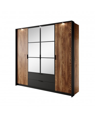 Armoire penderie étagères 4 portes et 2 tiroirs avec miroirs et LEDs 220 cm - Milton