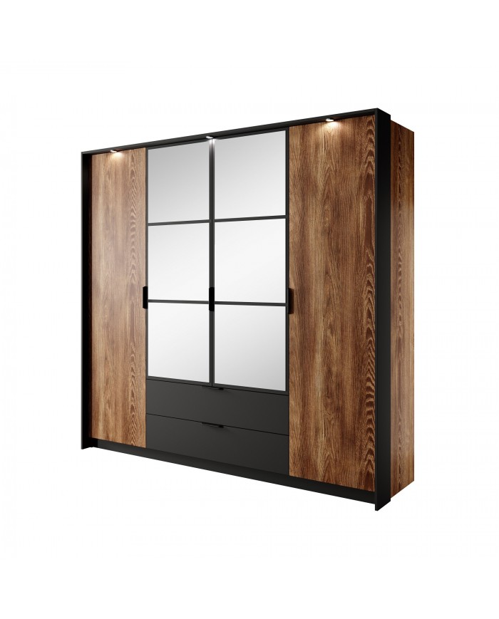 Armoire penderie étagères 4 portes et 2 tiroirs avec miroirs et LEDs 220 cm - Milton