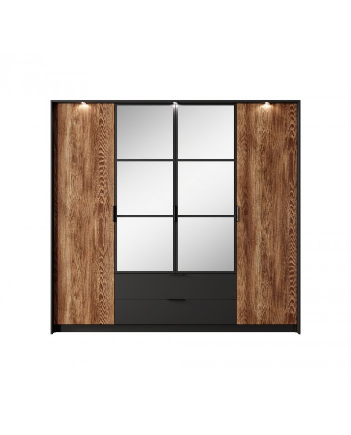 Armoire penderie étagères 4 portes et 2 tiroirs avec miroirs et LEDs 220 cm - Milton