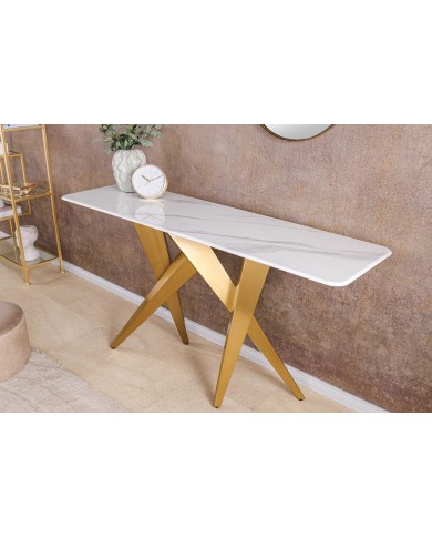 Console 140cm en céramique plateau en marbre blanc avec cadre doré CELENIA