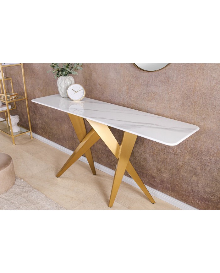 Console 140cm en céramique plateau en marbre blanc avec cadre doré CELENIA