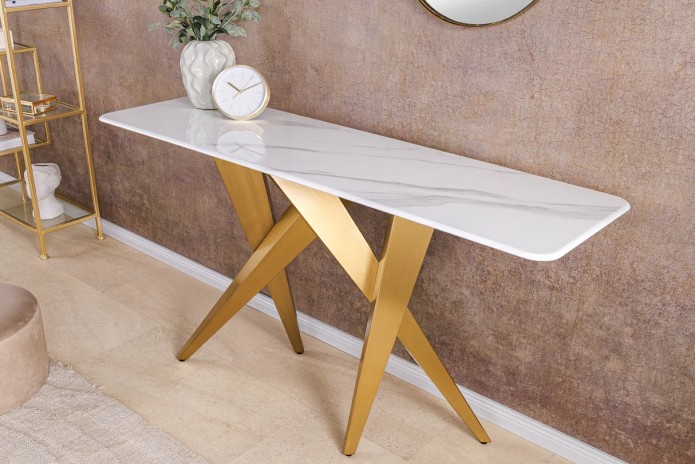 Console 140cm en céramique plateau en marbre blanc avec cadre doré CELENIA