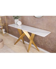 Console 140cm en céramique plateau en marbre blanc avec cadre doré CELENIA