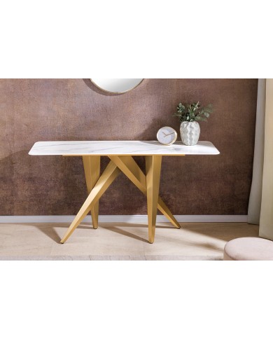 Console 140cm en céramique plateau en marbre blanc avec cadre doré CELENIA