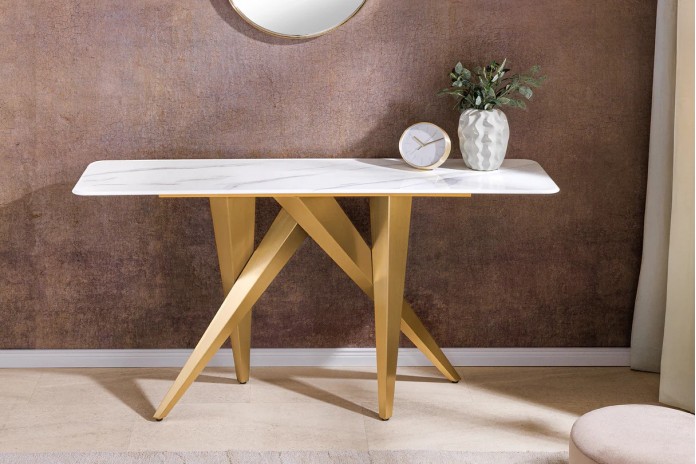 Console 140cm en céramique plateau en marbre blanc avec cadre doré CELENIA