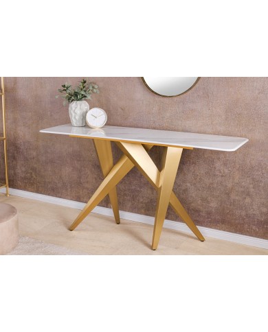 Console 140cm en céramique plateau en marbre blanc avec cadre doré CELENIA