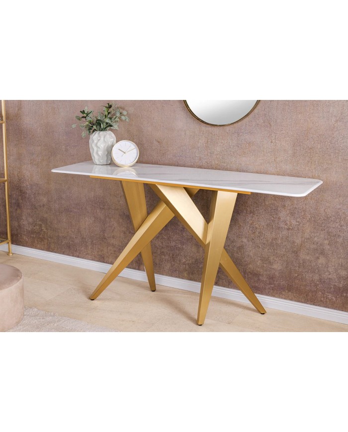Console 140cm en céramique plateau en marbre blanc avec cadre doré CELENIA