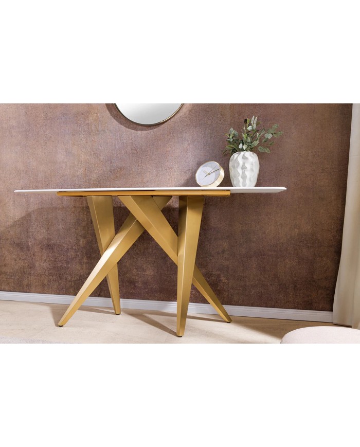 Console 140cm en céramique plateau en marbre blanc avec cadre doré CELENIA