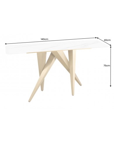 Console 140cm en céramique plateau en marbre blanc avec cadre doré CELENIA